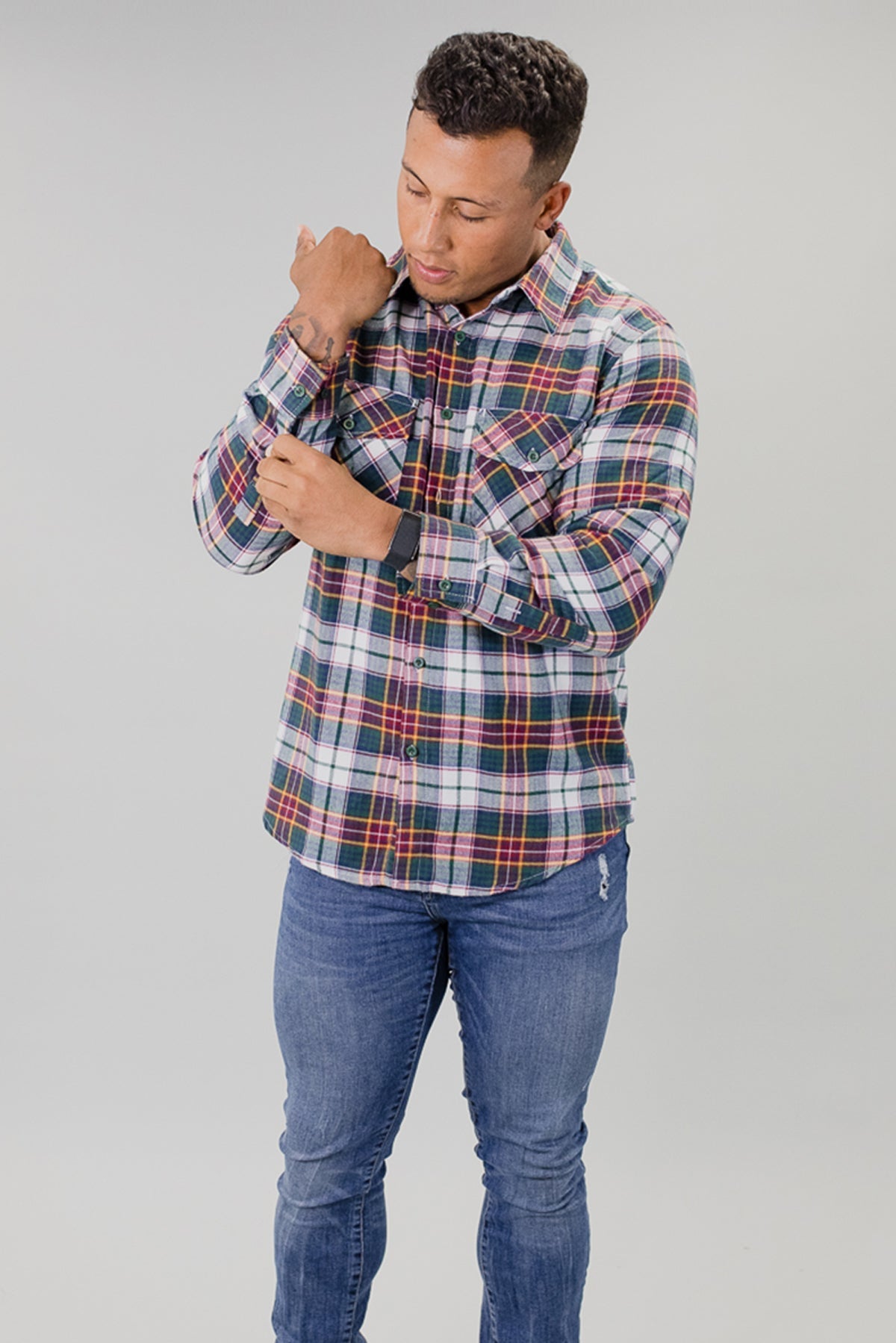 Bryce Men's Long Sleeve Button Down Green Plaid Flannel