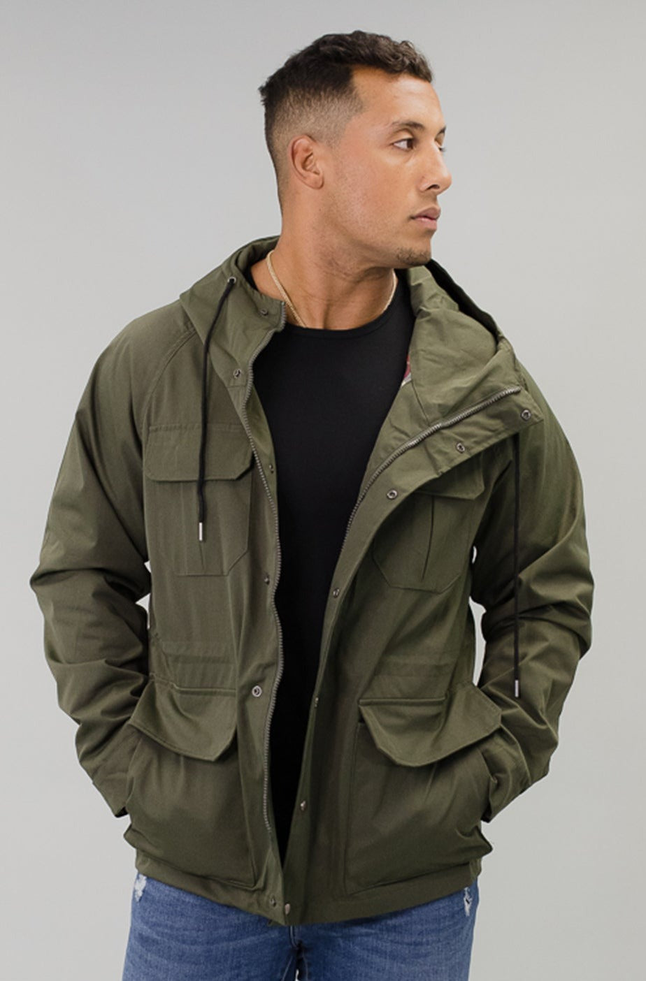Relaxed Fit  Utility Hooded Jacket in Army-The Neko- LAST ONE