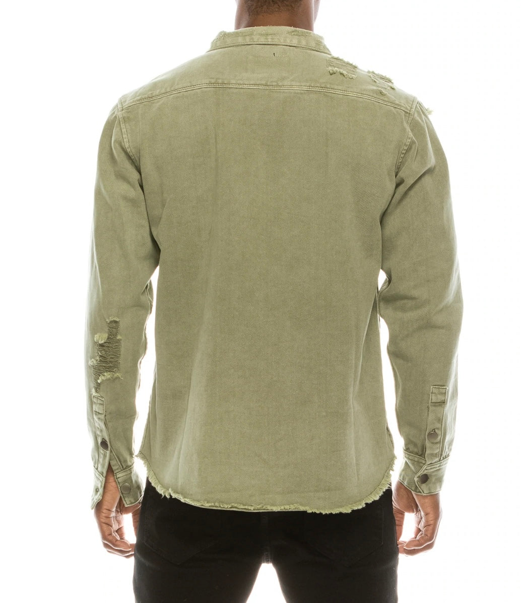 Long Sleeve Button Up Distressed Denim Jean Shirt Jacket