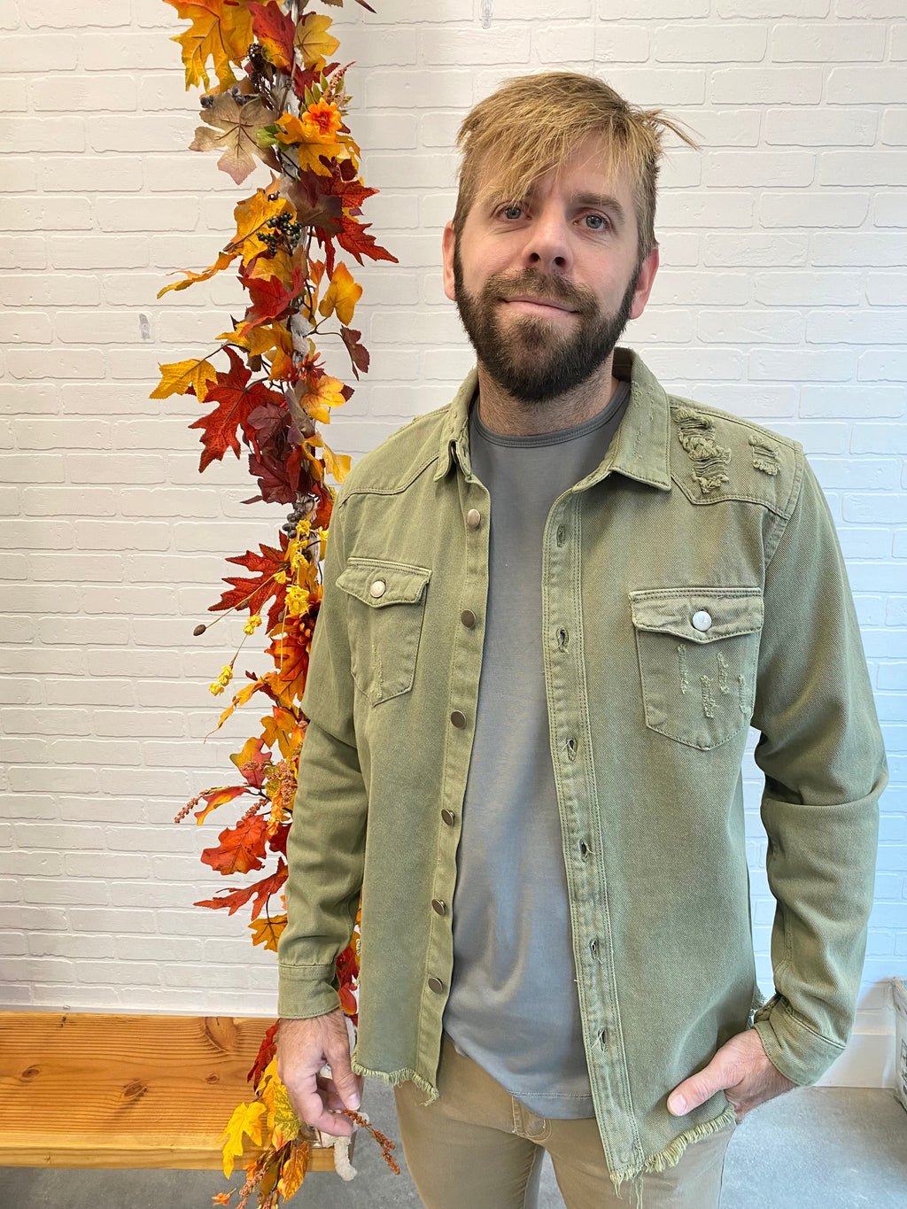 Long Sleeve Button Up Distressed Denim Jean Shirt Jacket