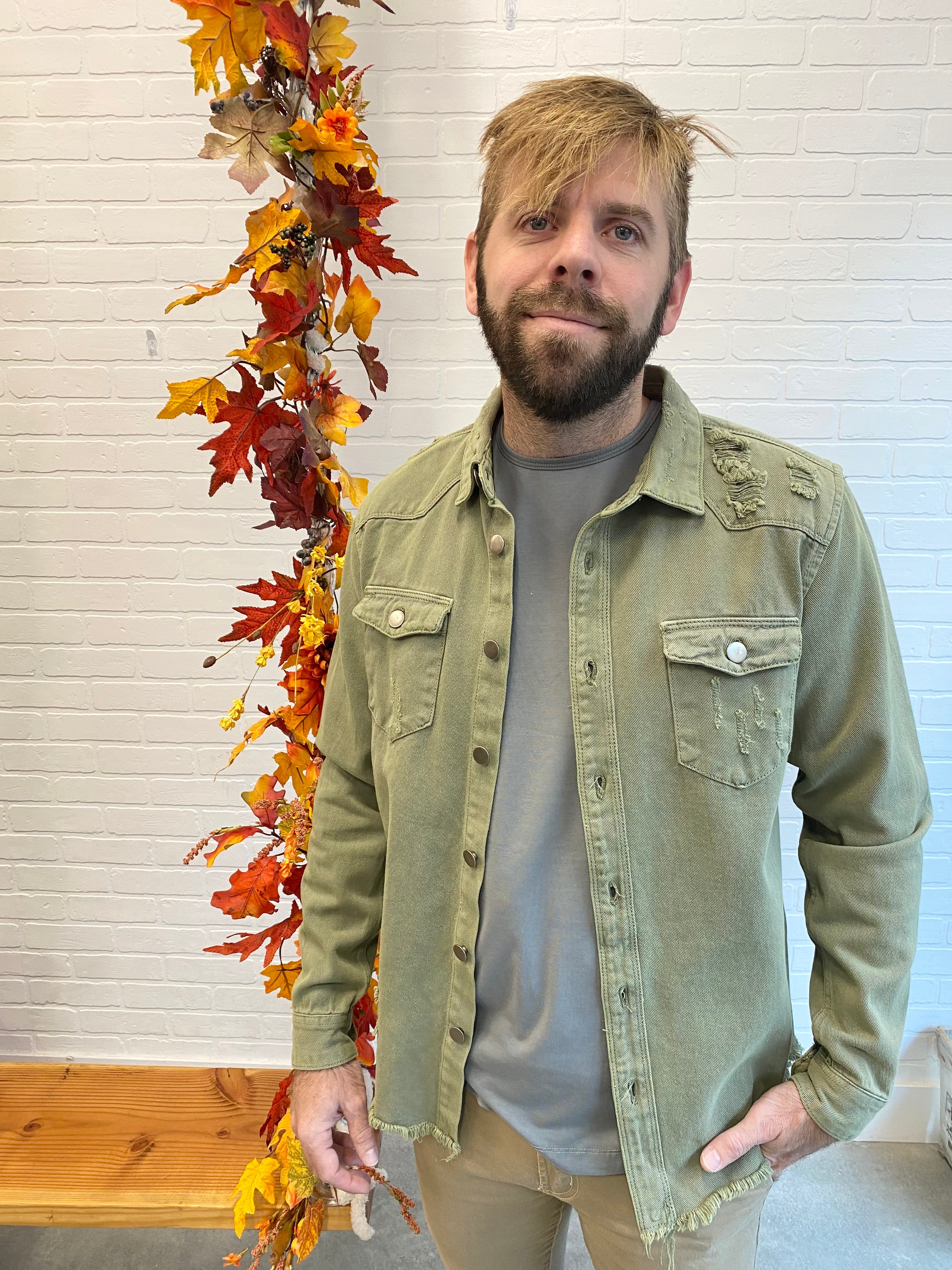 Long Sleeve Button Up Distressed Denim Jean Shirt Jacket