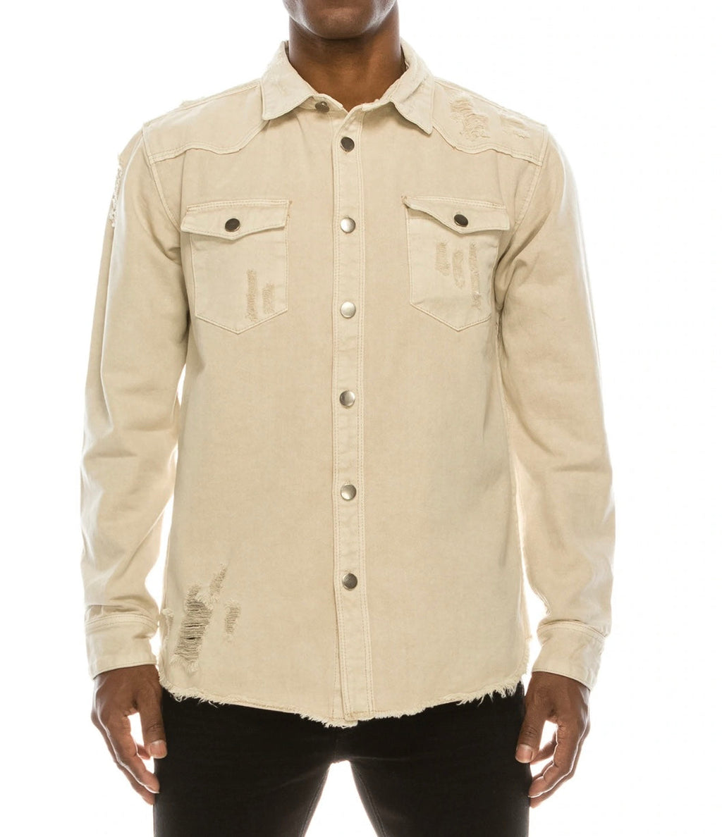Long Sleeve Button Up Distressed Denim Jean Shirt Jacket