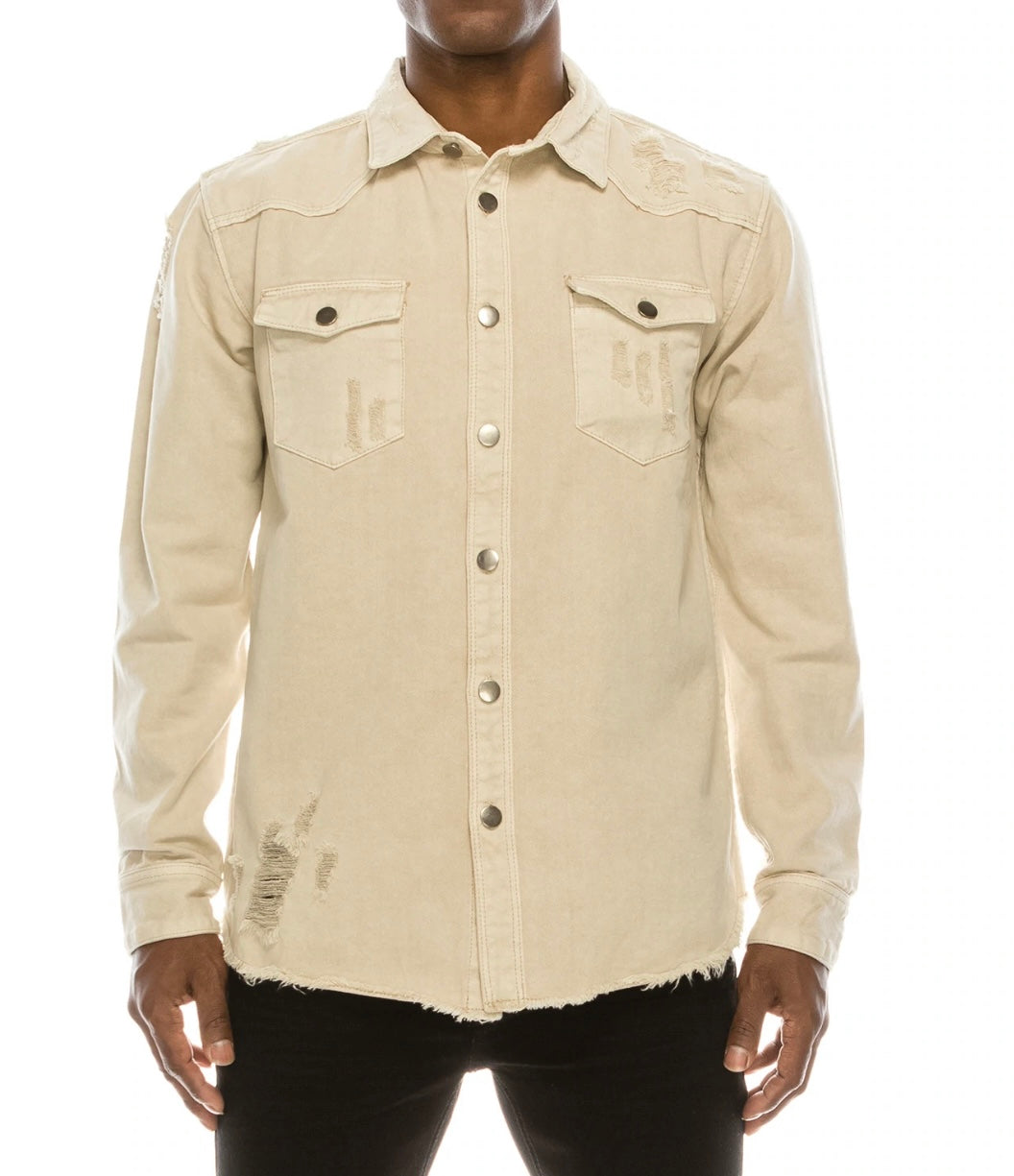 Long Sleeve Button Up Distressed Denim Jean Shirt Jacket