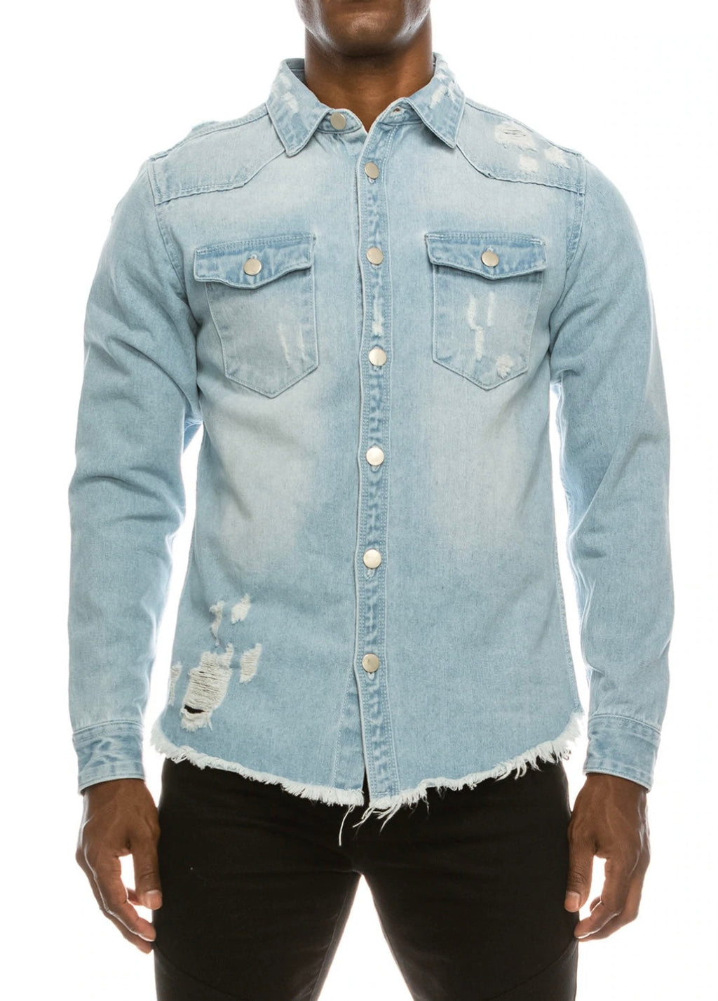 Long Sleeve Button Up Distressed Denim Jean Shirt Jacket