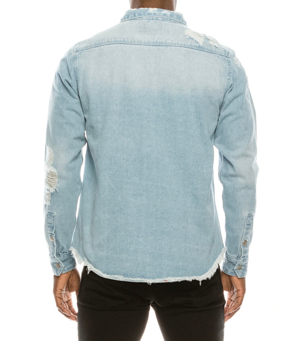 Long Sleeve Button Up Distressed Denim Jean Shirt Jacket