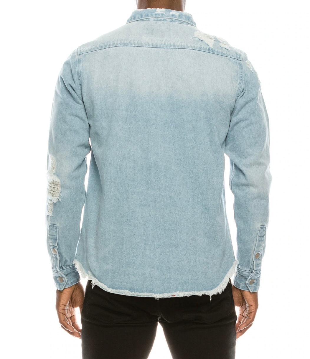 Long Sleeve Button Up Distressed Denim Jean Shirt Jacket