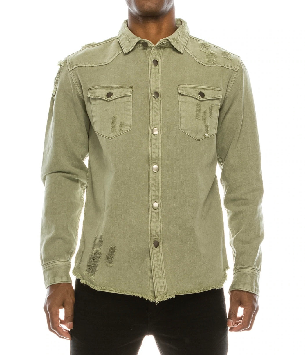 Long Sleeve Button Up Distressed Denim Jean Shirt Jacket