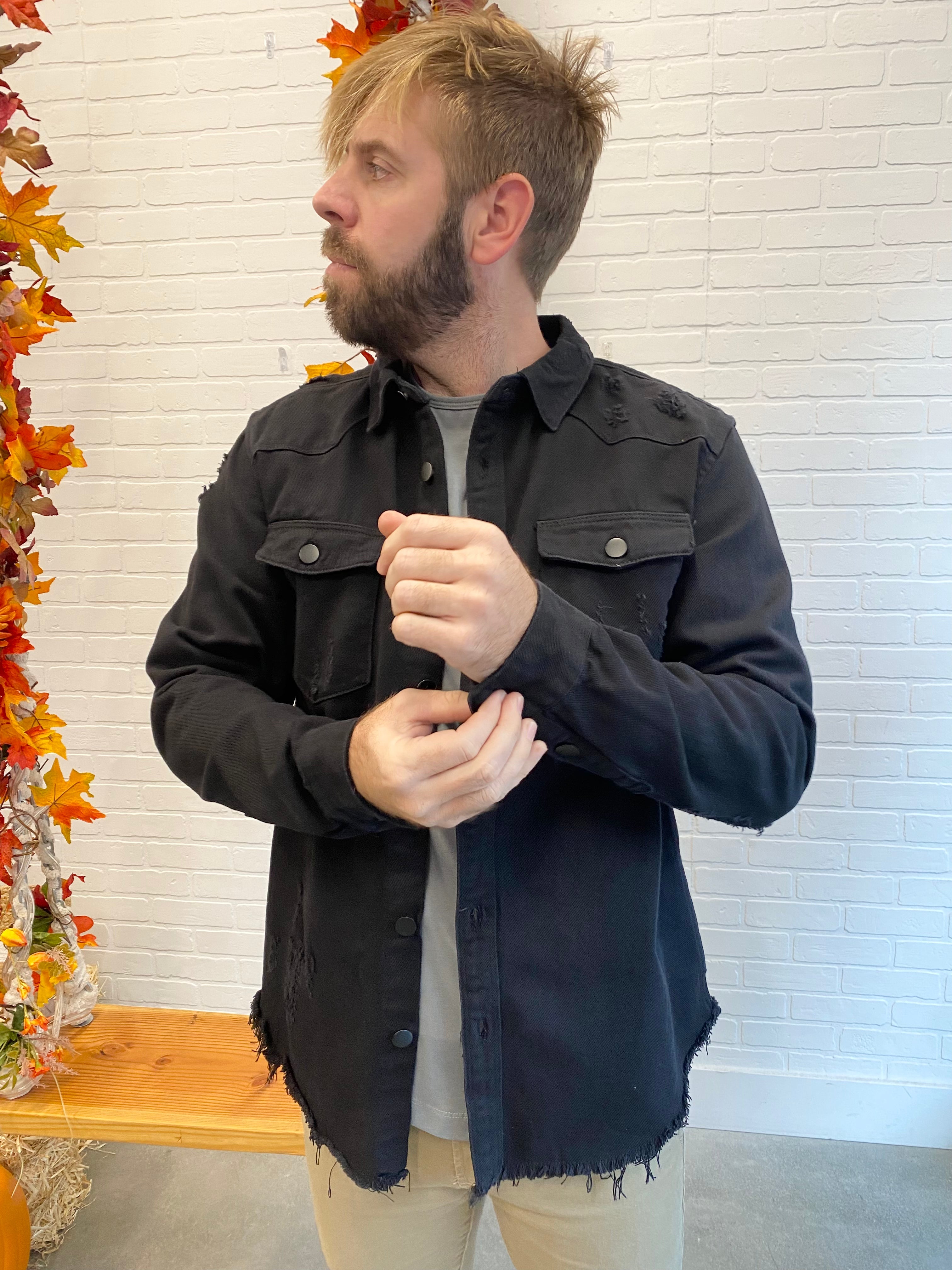 Long Sleeve Button Up Distressed Denim Jean Shirt Jacket